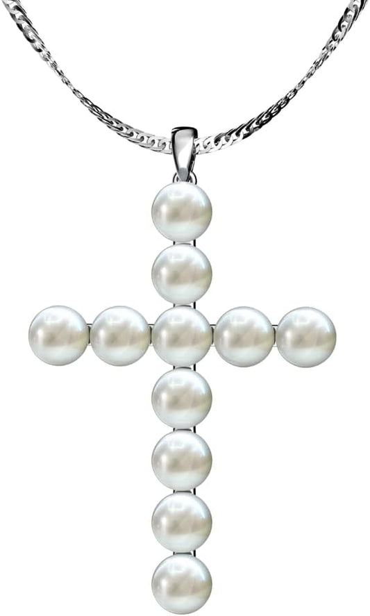 Freshwater Pearl Cross Necklace - Adjustable 20" Pearl Cross Pendant - Silver Christian Jewelry - Faith Jewelry Gift for Christmas, Wedding, Anniversary