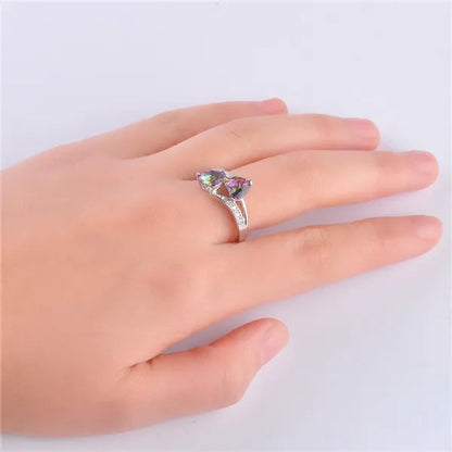 Birthstone rings...romantic double heart cut gemstone blue white opal rainbow topaz crystal ring white gold jewelry