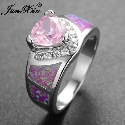 Junxin Triangular Heart Pink Sapphire Opal Ring 925 Sterling Silver Women Wedding Jewelry Size 6/7/8/9/10