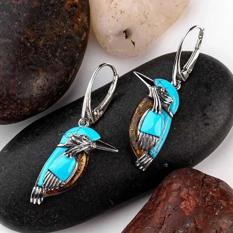 Vintage Women'S Exquisite 925 Sterling Silver Hook Dangle Turquoise Amber Hummingbird Bird Earrings Engagement Wedding Earrings Birthday Anniversary Gift Jewelry