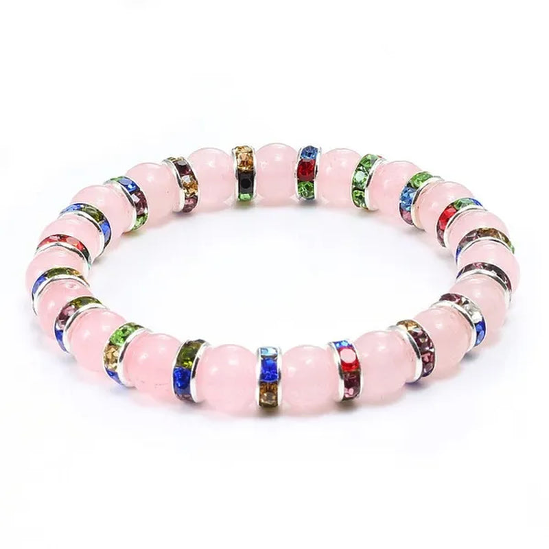 Natural Stone Pink Crystal Quartz &White Porcelain Rhinestones Bracelets & Bangles Charm Powder Beads Strand Bracelet Love Gifts for Women Men Casual Jewelry