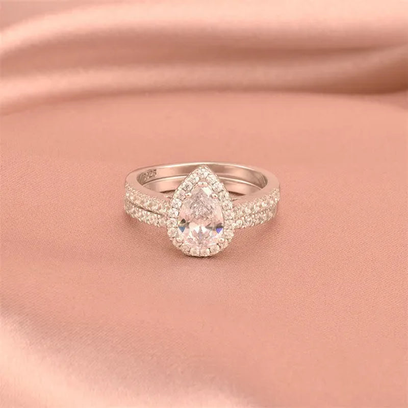 Newshe Halo Pear Shape Solid 925 Sterling Silver Wedding Engagement Rings For Women Water Drop AAAAA  Bridal Set Sz 4-13