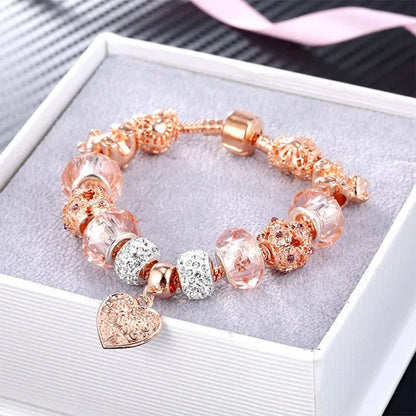 Rose Gold Heart-Shaped Charm Bracelets Fashion Jewelry Beaded Bracelet Birthday Christmas Gifts For Girl Women