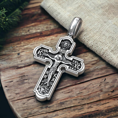 Eastern Orthodox Cross Necklace for Men Women - 925 Sterling Silver - Jesus Christ Crucifix Pendant Necklace with Chain 20 Inches - Unique Christian Religious Jewelry - Handmade