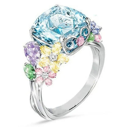 Unique Flower  Silver Multicolor Gemstone Aquamarine Square Princess Ring Woman Engagement Ring Anniversary Statement Natural Gemstones Pink Sapphire Ring