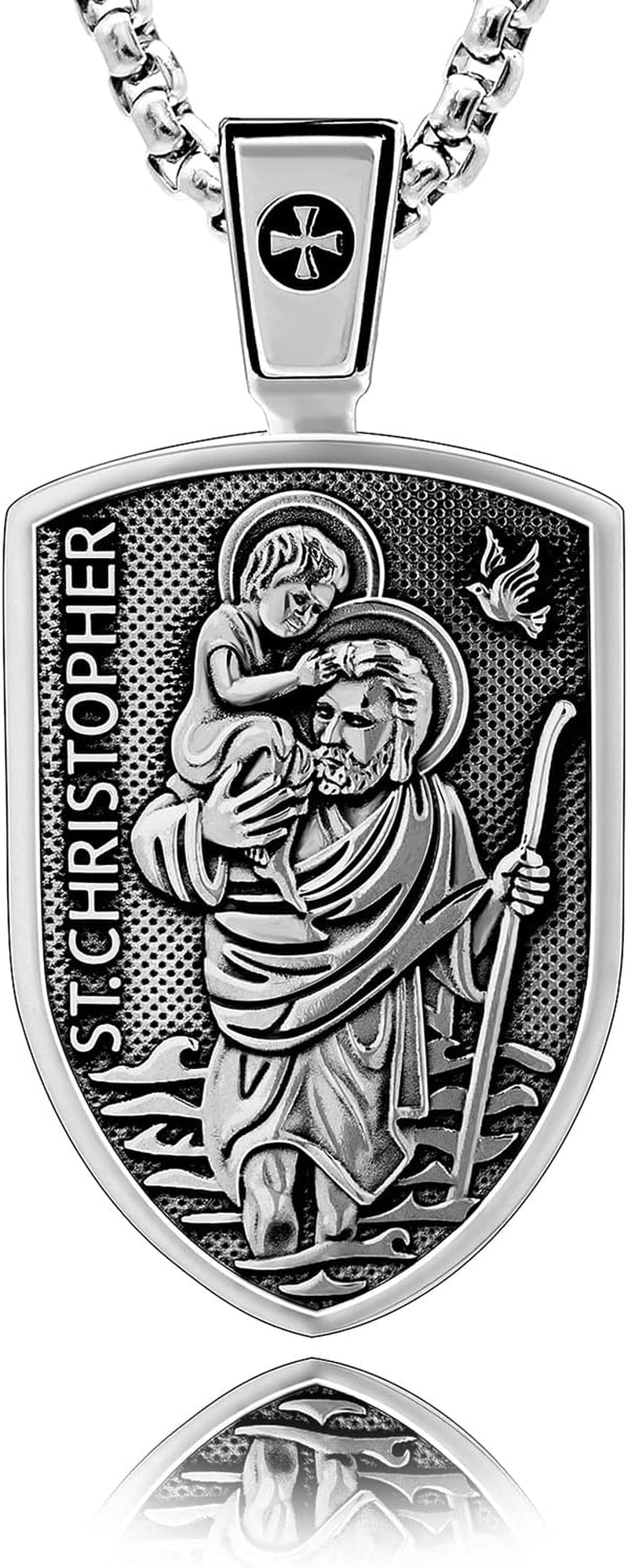 ® Saint Christopher Protect Us Medal St. Christopher Protection Shield Christian Amulet Unique Solid 925 Sterling Silver Pendant Necklace + Velvet Pouch, Polishing Cloth, Gift Box