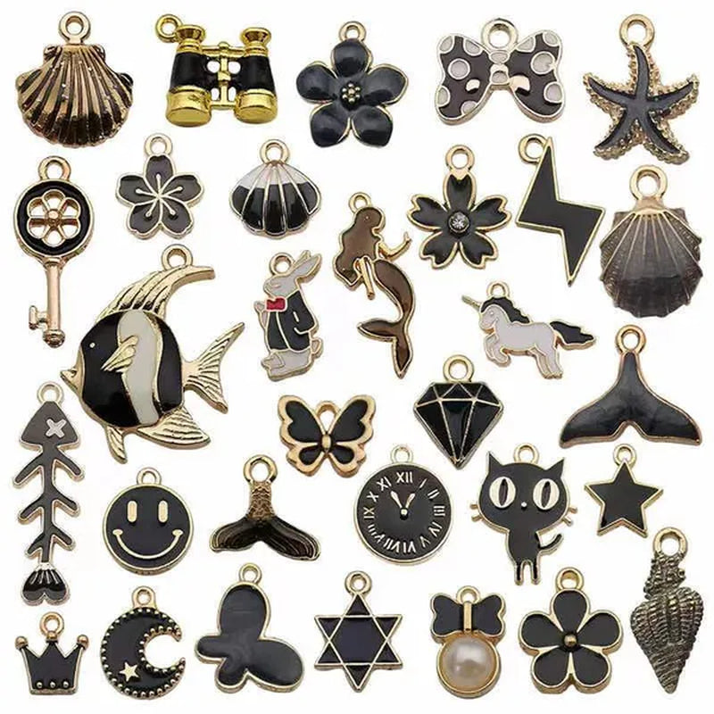 30pcs Mixed Pattern Pink Drop Oil  Fish Flower Horse Enamel Charm DIY Jewelry Bracelet Necklace Pendant Gold Tone Float Finding