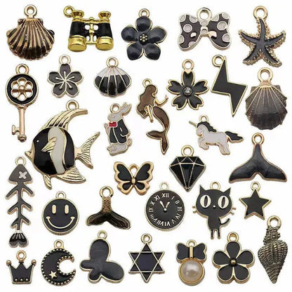 30pcs Mixed Pattern Pink Drop Oil  Fish Flower Horse Enamel Charm DIY Jewelry Bracelet Necklace Pendant Gold Tone Float Finding