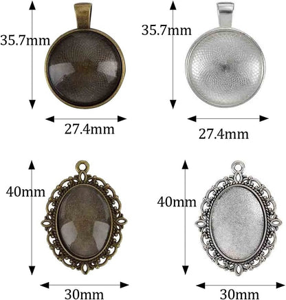 64-Pieces Pendant Set, 16Pcs Oval Pendant Trays and 16Pcs round Bezels with 32Pcs Glass Cabochon round Clear Dome Tiles for Crafting DIY Jewelry Making