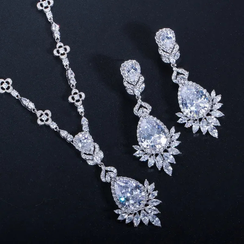 CANDICE White Gold Plated Marquise Cubic Zirconia Bridal Big Drop Earrings Necklace Set For Women Gorgeous Engagement Wedding Jewelry Sets