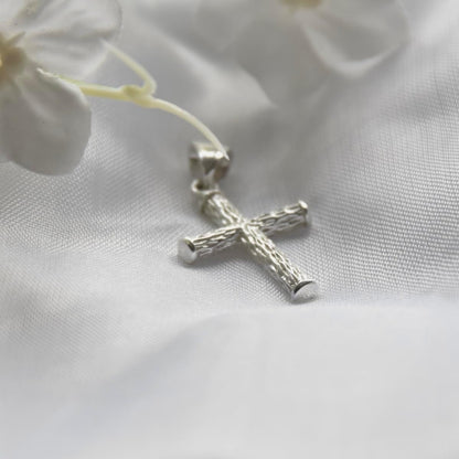 Cross Pendant Sterling Silver 925 Wood Textured Religious Unisex Jewelry