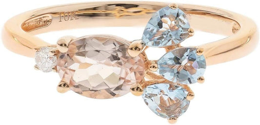 Gin and Grace 10K Rose Gold Genuine Aquamarine & Genuine Morganite Ring with Diamonds for Women Holiday Gifts | Ethically, Authentically & Organically Sourced (Oval & Pear) Shaped Aquamarine Hand-Crafted Jewelry for Her | Aquamarine Ring for Women Holiday