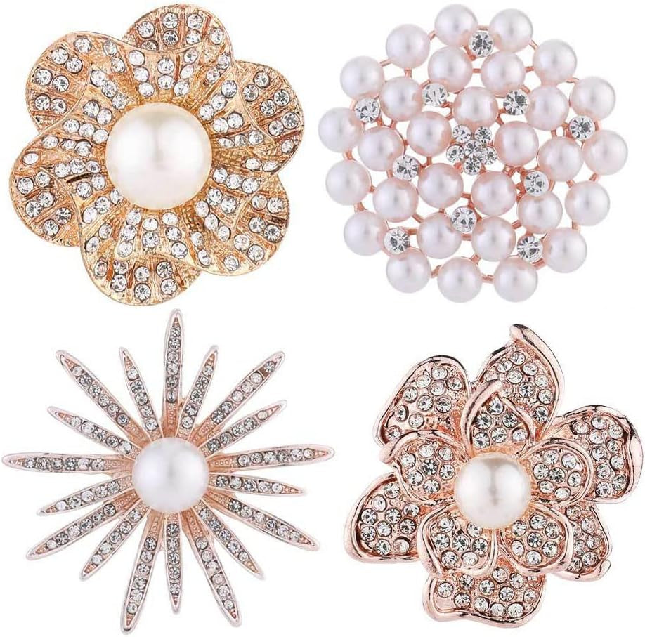 Chamvino 4PCS Pearl Rhinestone Brooch Flower Diamond Pin Wedding Jewelry Suit Collar Pin Silk Scarf Buckle Collar Pin Silk Scarf Buckle Double Use for Girls Women