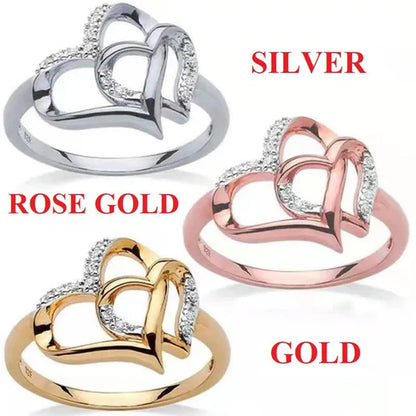 Lady's Elegant Heart shaped Ring Creative Design Diamond Zircon Double Love Hollow Ring Female Fashion Jewelry