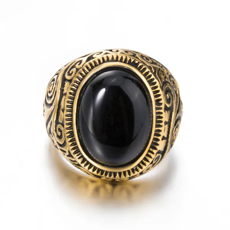 Men's Women's Natural Oval Black Onyx Gem Silver Gold Stainless Steel Ring Gift Jewelry Plus Size 8-15