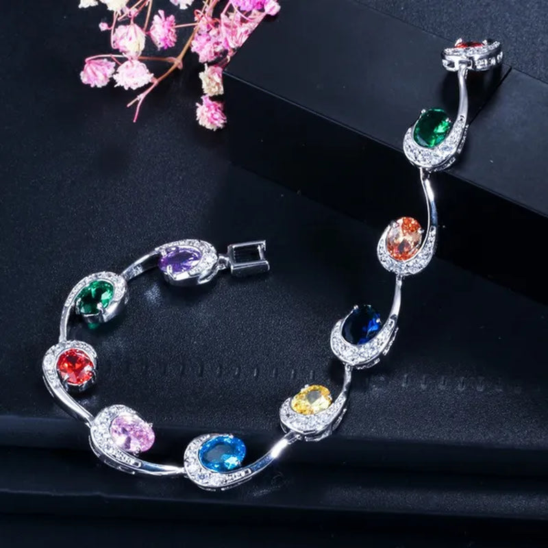 CANDICE Hot Sale Silver Hand Jewelry Classic Oval Red Crystal White Zircon Peacock Tennis Bracelet Bangle for Women Gift 18cm