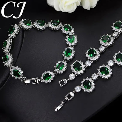 CANDICE Elegant Red Wedding Jewelry Set Micro CZ Stone Paved Oval Crystal Drop Earrings Bracelet and Necklace Sets for Bride