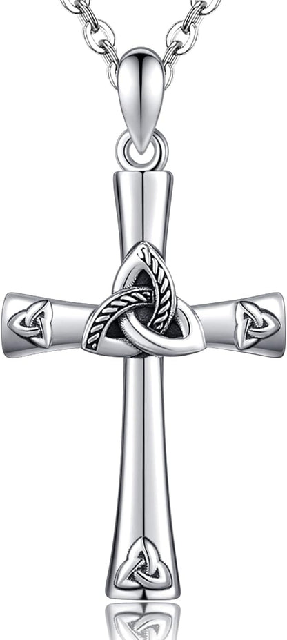 925 Sterling Silver Cross Necklace for Women - Trinity Celtic Knot Cross Heart Christian Pendant Necklace Dainty Fine Jewelry for Grandma Mom - 18" with 2" Extender