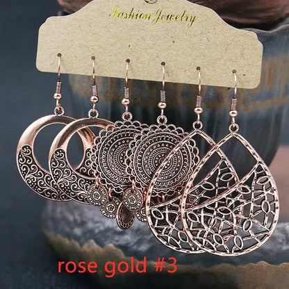 3 Pairs Women's Fashion Jewelry Vintage Bohemian Ethnic Carved Dangle Earrings for Women Charm Geometry Leaves Hoop Earring Wedding Engagement Party Banquet Earrings