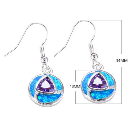 Boho Unique Round Blue Fire Opal 925 Sterling Silver Drop Earrings Amethyst Zircon Female Wedding Party Earrings Best Gift