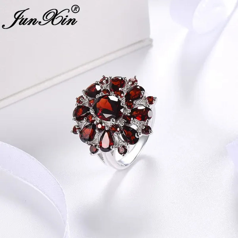 Junxin Fashion Full Of Garnet Red Ruby Wedding Ring Silvery Engagemnet Jewelry Size 6 7 8 9 10