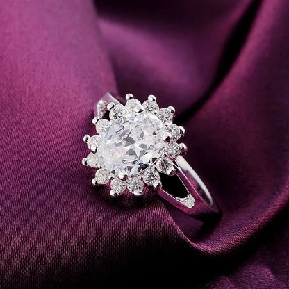 NEW 925 Sterling Silver Shiny Crystal Flower Rings for Women Fashion Wedding Party Gifts Girl Student Charm Jewelry