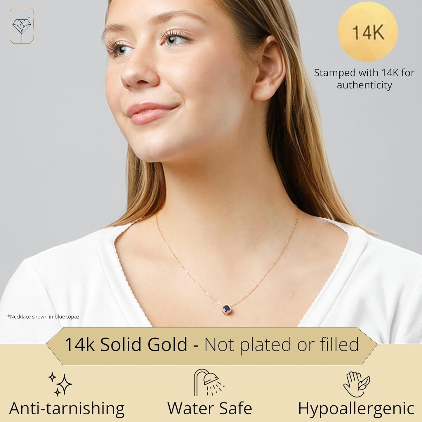 14K White or Yellow Gold round Pendant Necklace for Women with 7 Mm Gemstone Birthstone on 18 Inch Cable Chain Spring Ring Clasp Bezel Set