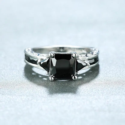 Fashion Women 18K White Gold Princess Cut Black Sapphire Diamond Wedding Ring Party Jewelry Gifts Size 6 7 8 9 10