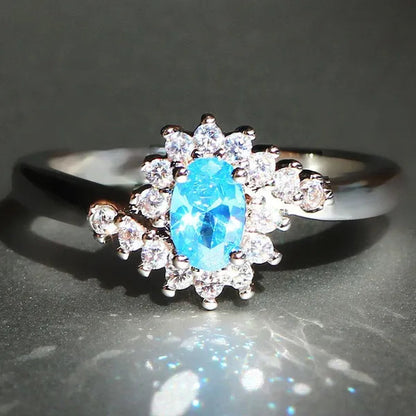 Exquisite  Silver Natural Sapphire Gemstones Opal Birthstone Bride Princess Wedding Engagement Strange Ring Size 6 7 8 9 10