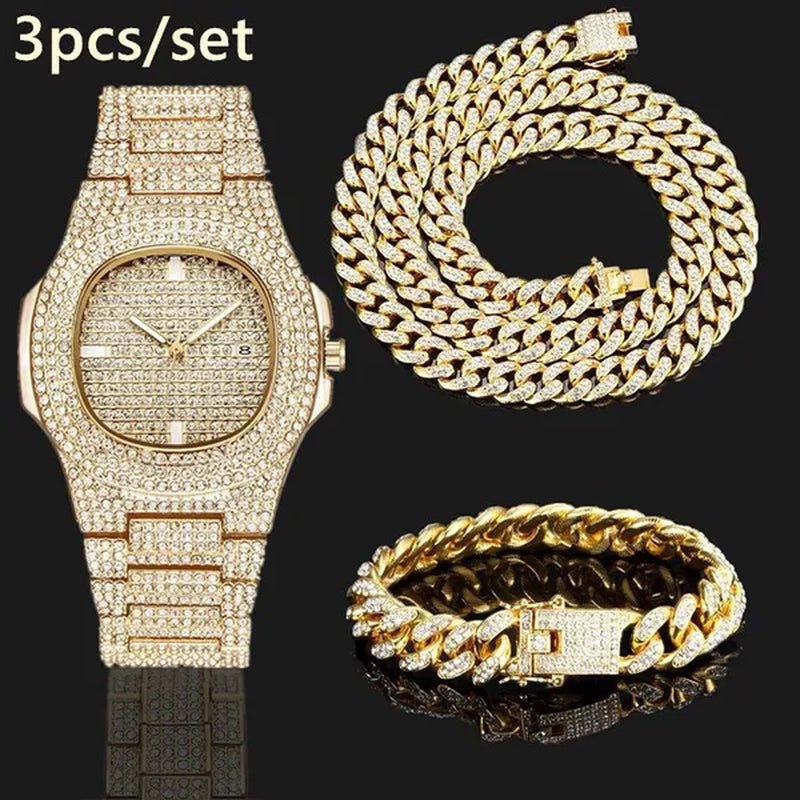 Fashion Gold / Silver Plated Solid Stainless Steel Iced Out Diamond Bracelet Thick Miami Cuban Link Chain Necklace Hip Hop Jewelry