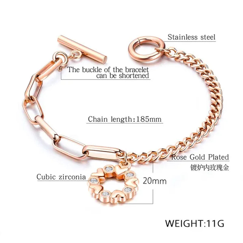 Stainless Steel CZ Bracelet Silver Rose Gold Color Love Heart Pattern Decorating Chain Bracelets