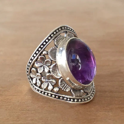 Exquisite Woman Fashion Vintage  Wide Edge Engraved Flower Ring Natural Amethyst Gemstone Ring Engagement Party Bride Wedding High Jewelry Christmas Valentine's Day Gift Ring Size US4-12