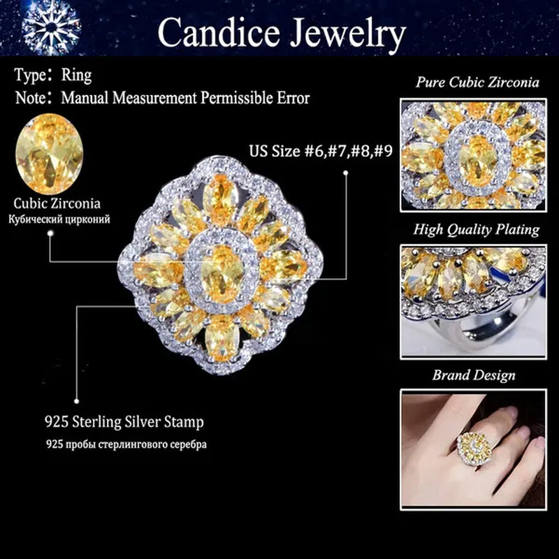 CANDICE Sparkling AAA Oval Yellow Cubic Zirconia Women Sterling Silver Plated Ring For Wedding Party（US SIZE 6-9）