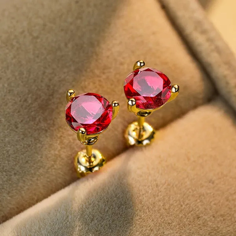 Exquisite Fashion Women Love Princess 925 Silver round Cut Ruby Garnet Three Prong Stud Earrings for Women Bridal Wedding Jewelry Gifts
