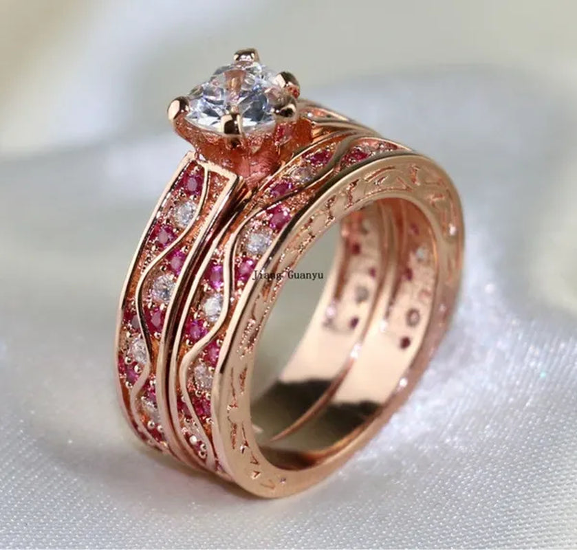 Two Rings Couple Rings Titanium Steel Band 10kt Rose Gold Filled Cocktail Heart Zircon Ruby Women's Wedding Ring Sets