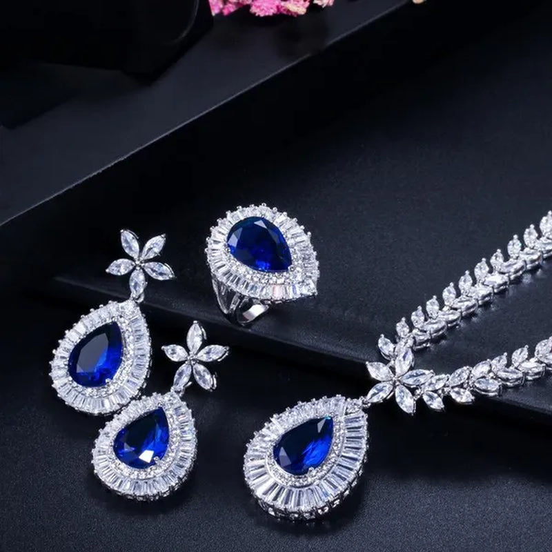 CANDICE Luxurious CZ Wedding 4 Pcs Set for Bridal Sparkling Water Drop Blue Zirconia White Gold Plated Necklace Earrings Bracelet Ring Sets