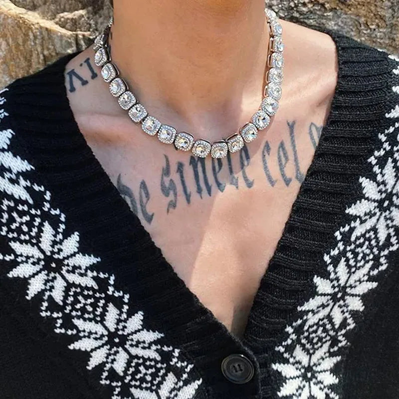 12mm Iced Out Square Tennis Chain Necklace,Diamond Cuban Link Necklace Hip Hop Jewelry with For Men Women Charm Jewelry