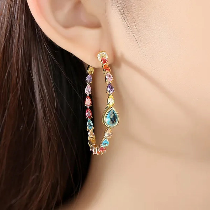 CANDICE Gorgeous Multi Color Crystal round Hoop Earrings with Brilliant Water Drop AAA Cubic Zirconia Big Circle Earring for Women Party Jewelry