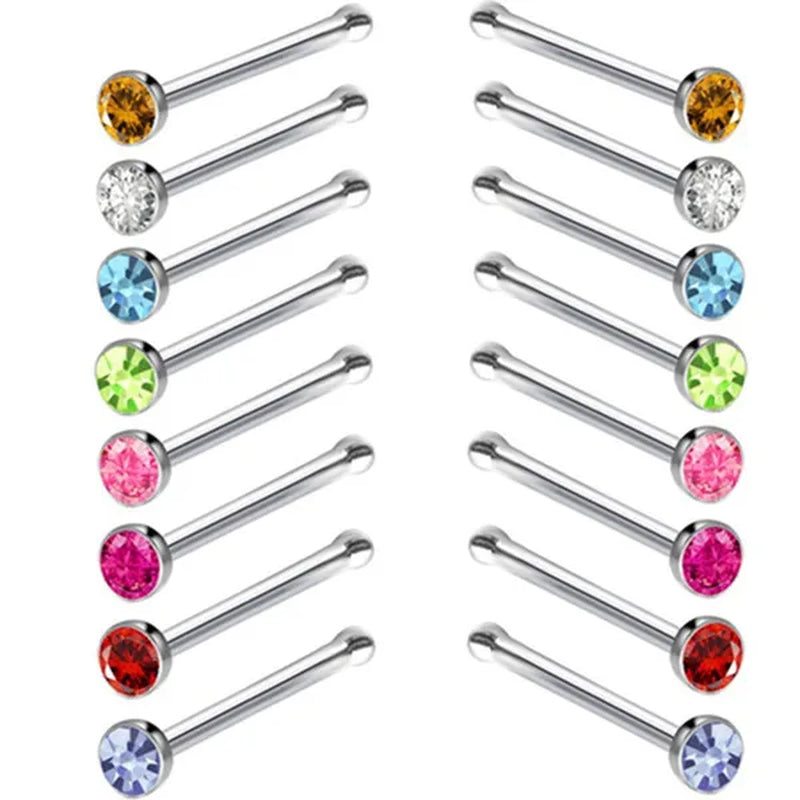 New Fashion Stainless Steel CZ Crystal Straight Shape Diamond Rhinestone Nose Ring Body Piercing Stud Jewelry Bone 20 Gauge for Women Girls 2 Types