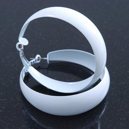 Wide Large White Enamel Hoop Earrings - 55Mm Diameter