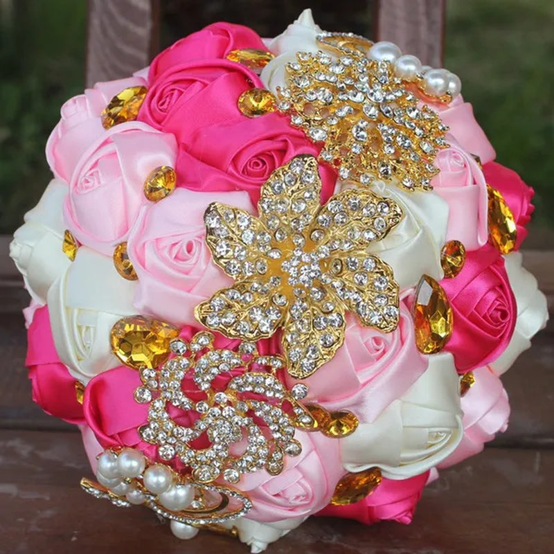 Private Custom 18CM Wedding Bouquet Luxury Gold Crystal Brooch Bride Bouquet Pure Handmade Silk Rose Ribbon Wedding Bride Holding Flowers Multi-Color Optional