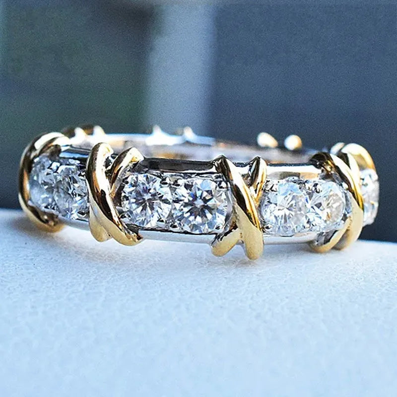 Brand Jewelry Lady's 925 Sterling Silver Tanzanite Couple rings Yellow Gold Cross Eternal Band Wedding Ring for Women size 5-12
