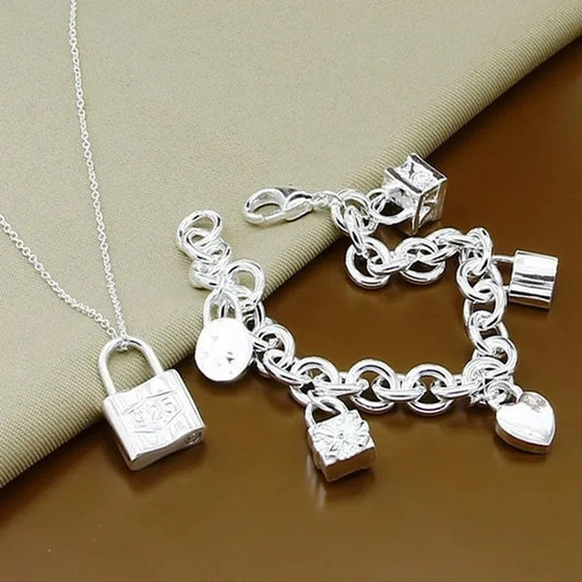 Classic Jewelry Sets 925 Sterling Silver Square Round Lock Link Chain Necklace Bracelet Two Piece Set Women Male wholesale
