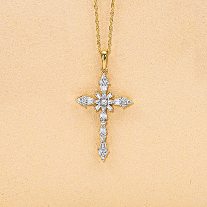 Cross Pendant Necklace in 10K White and Yellow Gold with 1/2 Cttw Natural White round and Baguette Diamonds 18" Rope Chain