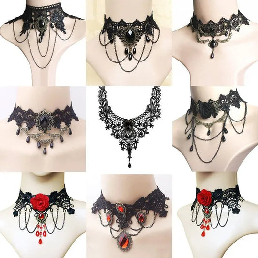 Black Lace Necklace Chokers Vintage Style Female Gothic Wedding Red Rose Crystal Diamond Pendant Collarbone Necklaces Chain Accessories for Women Girls