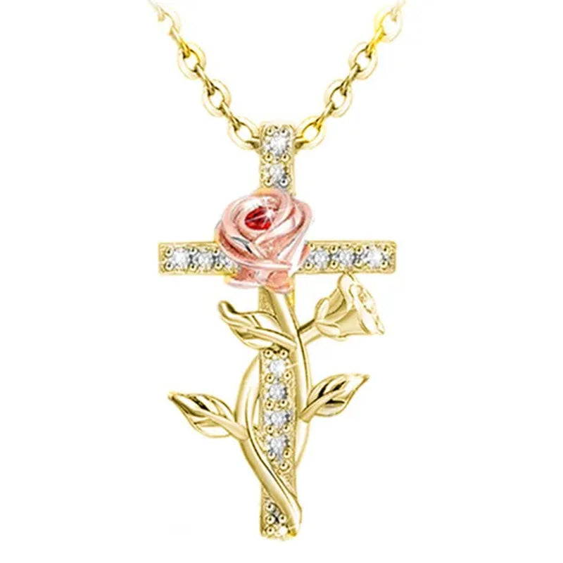 Elegant Fashion Creative Cross Rose Necklace Natural Crystal Cross Diamond Necklace Religious Cross Flower Pendant Women'S Necklace Wedding Pendant Birthday Party Anniversary Gift