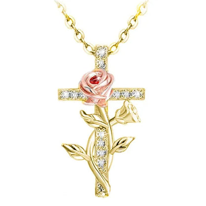 Elegant Fashion Creative Cross Rose Necklace Natural Crystal Cross Diamond Necklace Religious Cross Flower Pendant Women'S Necklace Wedding Pendant Birthday Party Anniversary Gift