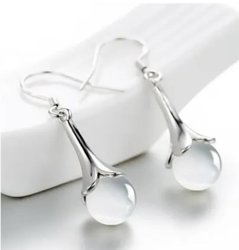 NEW ARRIVAL 925 Sterling Silver Long Earring Simple round Moonstone Dashing Woman Huggie Stud Christmas Birthday Gift Diamond Jewelry Bridal Lady Earrings