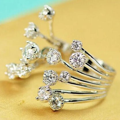Gorgeous  Silver Crown Natural Gemstones White Sapphire Birthstone Bride Wedding Engagement Multilayer Rose Flower Ring Size 6 7 8 9 10