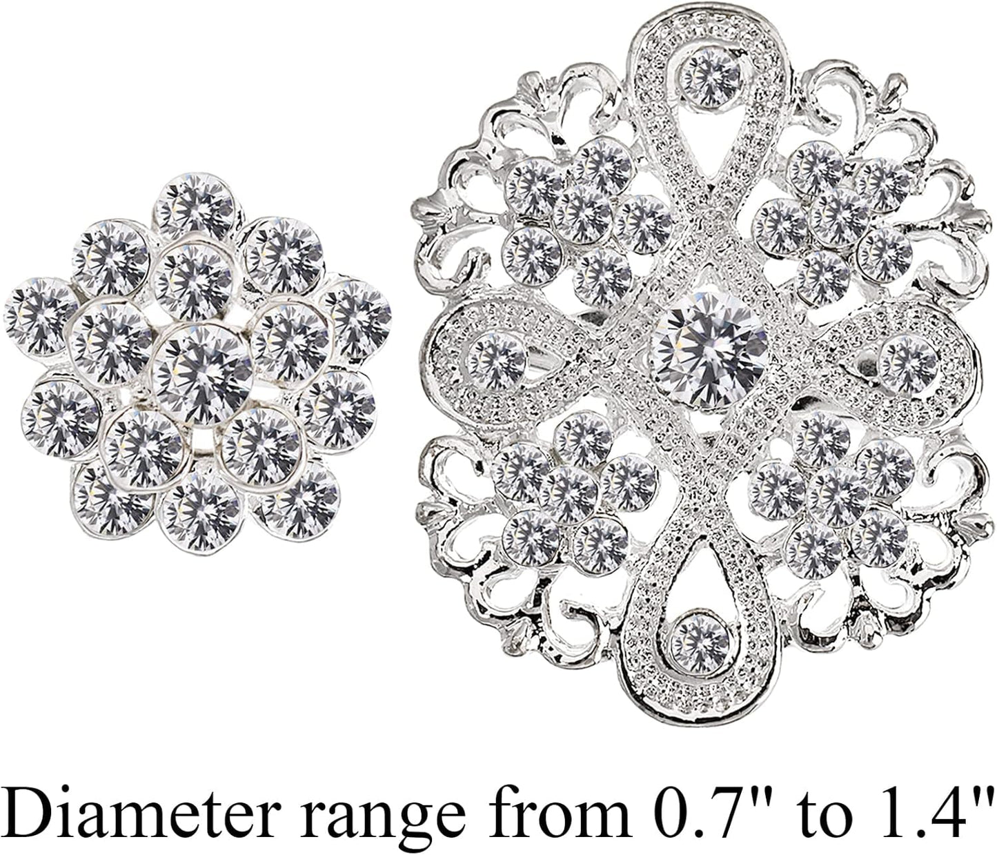 Lot 24 Pcs Crystal Brooches Pins, Silver Shining Clear Rhinestone Brooches Flower Jewelry Bridal Wedding Bouquet Kit Gift for Girls, Women, DIY Decoration